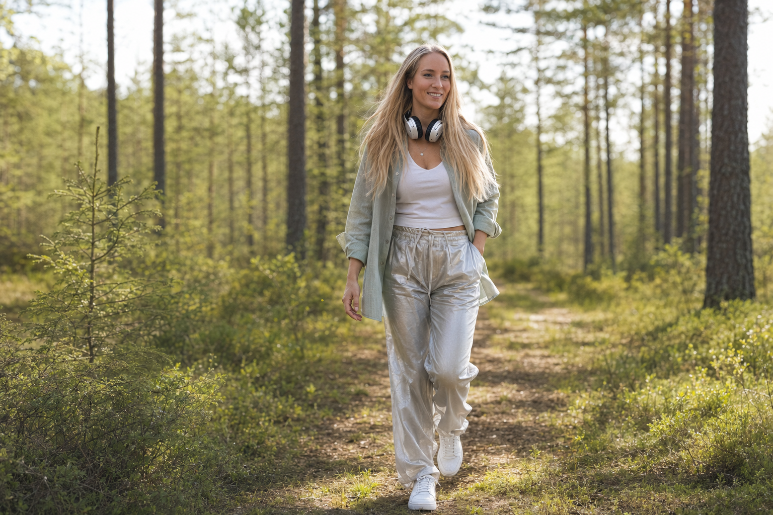 NAAVA kävelemässä aurinkoisella metsäpolulla kuulokkeet kaulassa