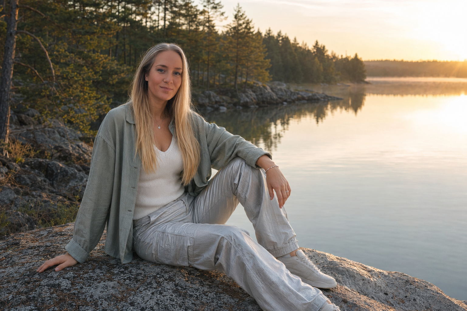 NAAVA istumassa kalliolla järven rannalla auringonlaskussa